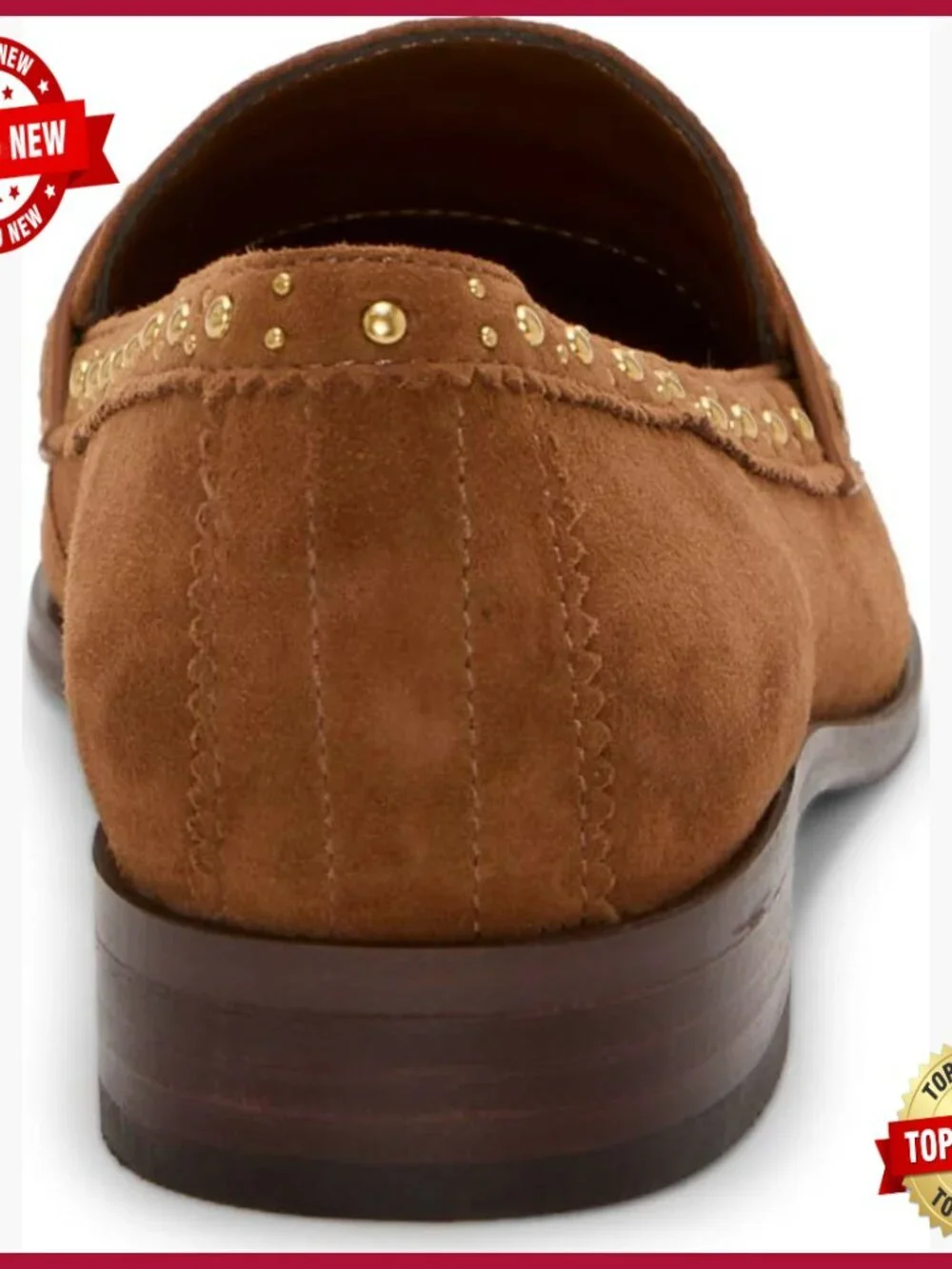 Suede Loafers with Pin Studding, Block Heel, Almond Toe, Pull-On Closure
